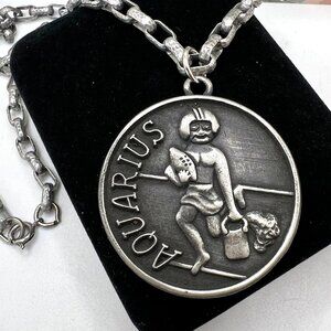 Luca Razza Aquarius Zodiac & Football Pewter Pendant 1970's Necklace